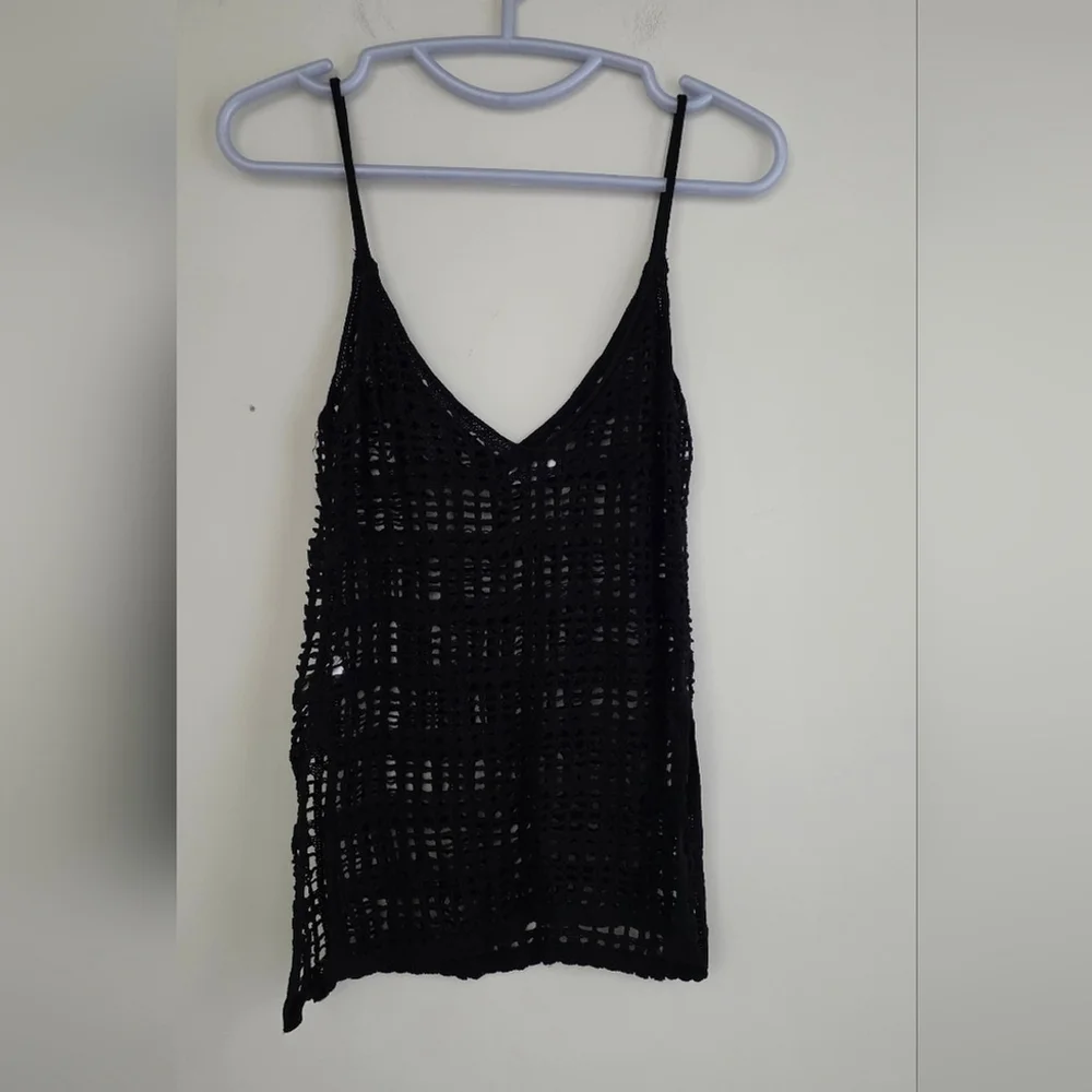 AOLRO Black Crochet Knit Beach Tank | Women's Swim Cover-Up Top